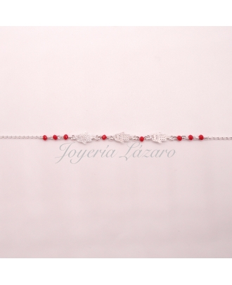 PULSERA PLATA BOLITAS ROJAS Y MANO FATIMA                                                           