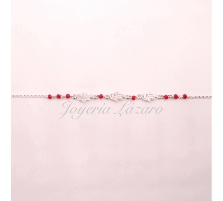 PULSERA PLATA BOLITAS ROJAS Y MANO FATIMA                                                           