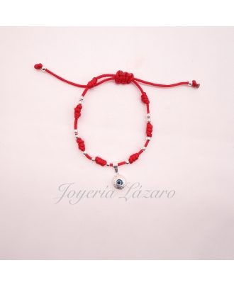 PULSERA PLATA MACRAMÉ ROJO 7 NUDOS OJO TURCO                                                        