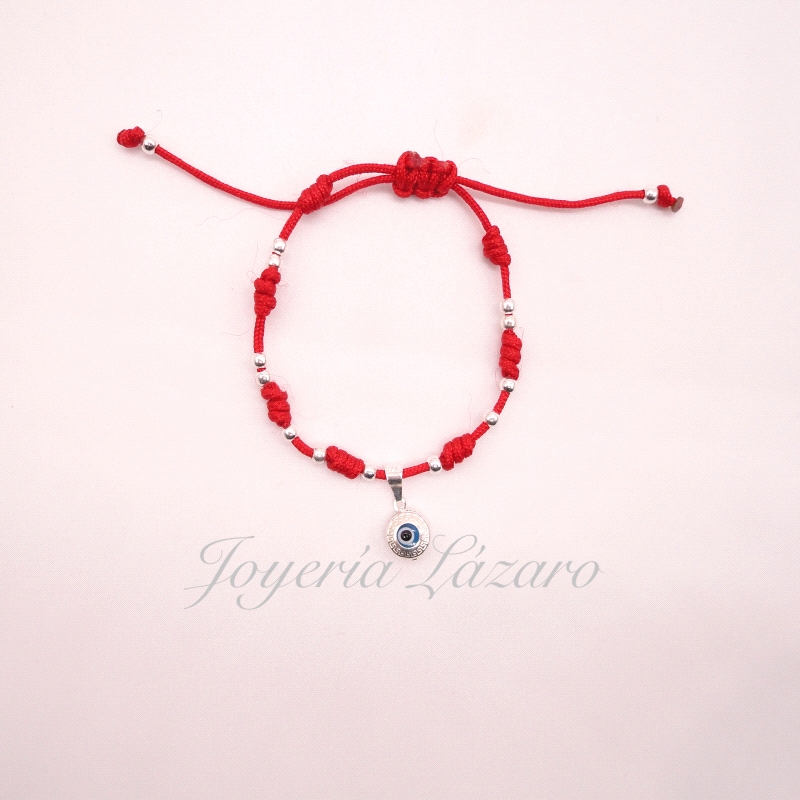 PULSERA PLATA MACRAMÉ ROJO 7 NUDOS OJO TURCO                                                        