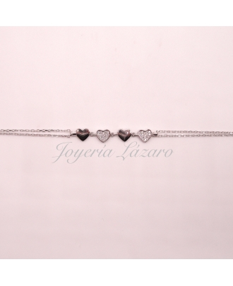 PULSERA PLATA CADENA DOBLE 4 CORAZONES                                                              