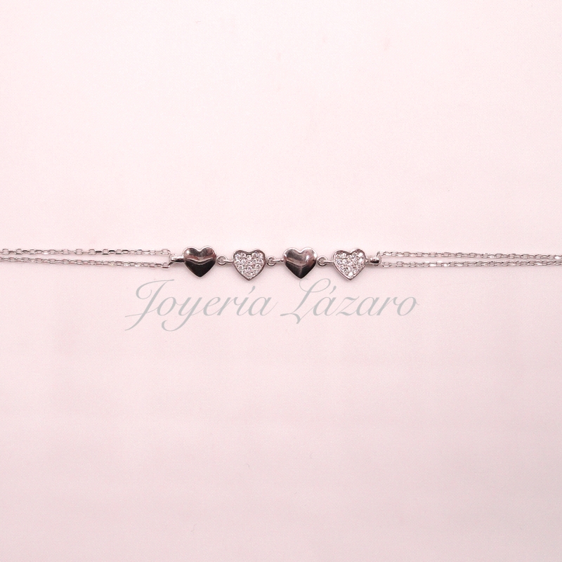 PULSERA PLATA CADENA DOBLE 4 CORAZONES                                                              