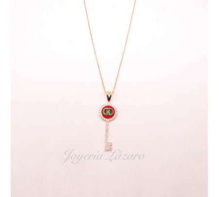 GARGANTILLA ORO 18 KTS FINA+COLGANTE LLAVE CIRCO ESMALTE ROJO+ LETRAS                               