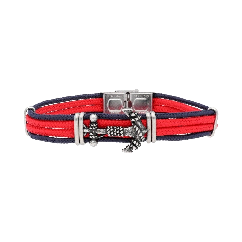 PULSERA ANCLA ACERO Y CUERDA NAUTICA ROJO NEGRO                                                     