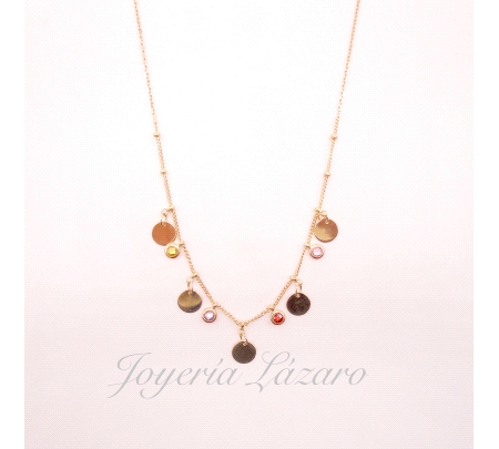 GARGANTILLA ORO 18 KTS 44+3 CM MOTIVOS,CIRCULOS + PIEDRAS COLOR