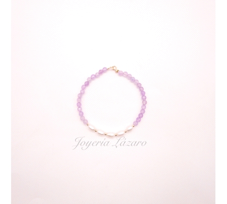 PULSERA ORO 18 KTS PERLAS+CRISTALES MALVA