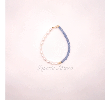 PULSERA ORO 18 KTS COMUNION PERLAS+CRISTALES AZULES