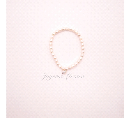 PULSERA ORO 18 KTS  ELASTICA PERLAS + MARIPOSA