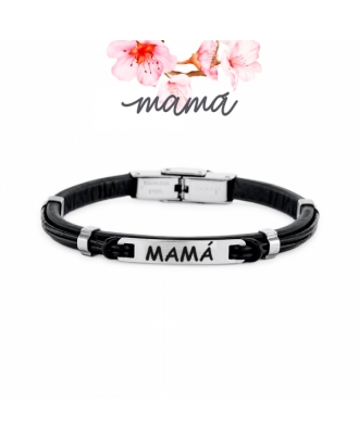 Pulsera de acero Mamá cuero negro nudos de 17 cm