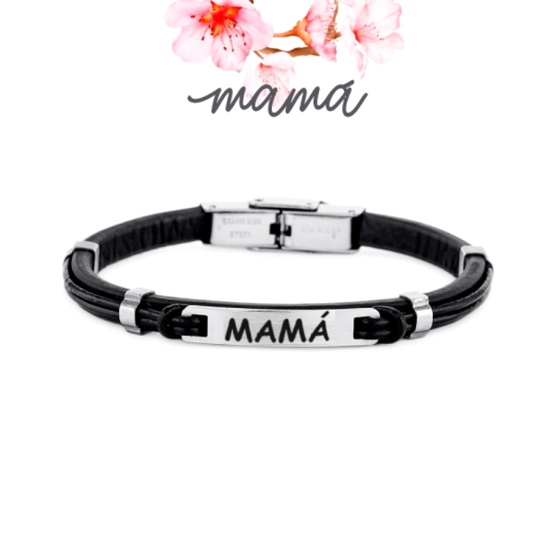 Pulsera de acero Mamá cuero negro nudos de 17 cm