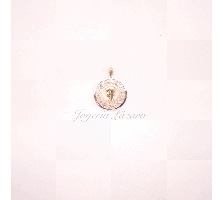 MEDALLA ORO 18 KTS  VIRGEN NIÑA 18MM CIRCO. ROSA CALADA