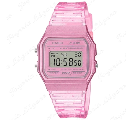 CASIO RELOJ F-91WS-4E ROSA CORREA TRANSPARENTE