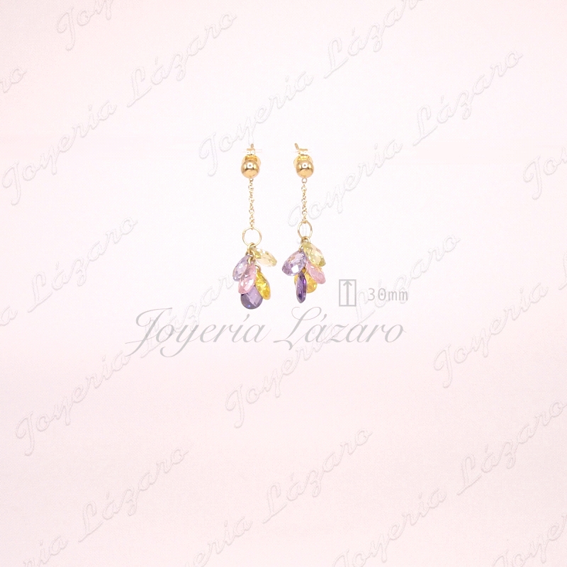 PENDIENTES LARGOS 18KTS PRES. RAMILLETE MULTICOLOR CRISTALES BRIOLLE                                