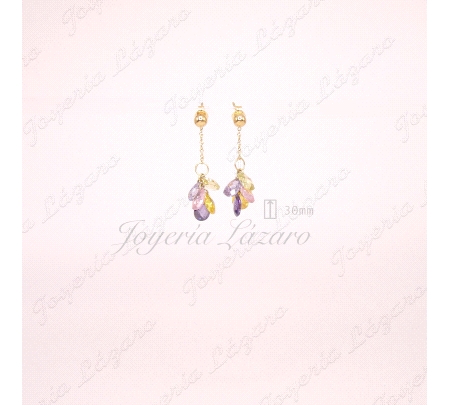 PENDIENTES LARGOS 18KTS PRES. RAMILLETE MULTICOLOR CRISTALES BRIOLLE