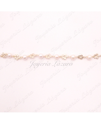 PULSERA ORO 18 KTS COMUNION PERLAS+FLORES CIRCONITAS                                                