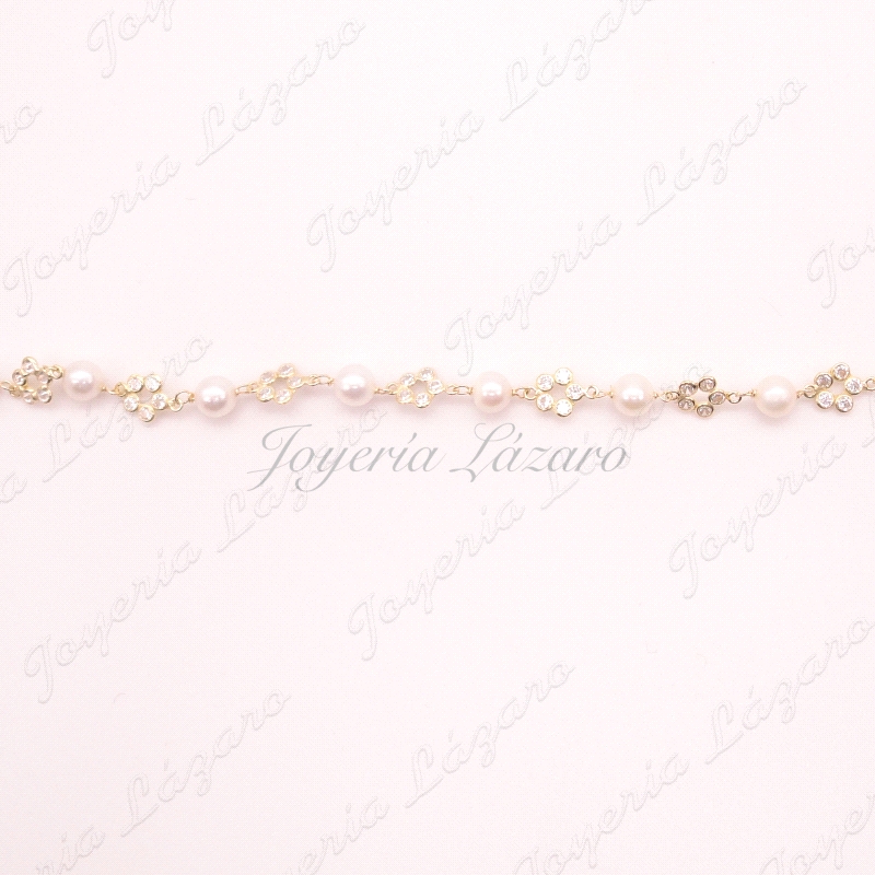 PULSERA ORO 18 KTS COMUNION PERLAS+FLORES CIRCONITAS                                                