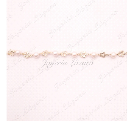 PULSERA ORO 18 KTS COMUNION PERLAS+FLORES CIRCONITAS