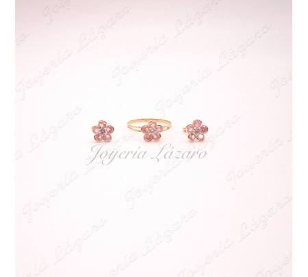 JUEGOS ORO 18 KTS SORT+PEND. FLOR CIRCONITAS ROSA PRESION                                           