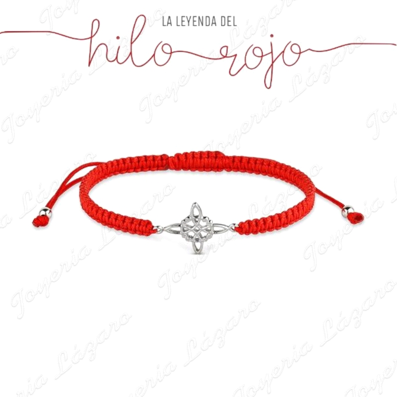 PULSERA PLATA DE HILO ROJO ANUDADO CON NUDO DE BRUJA DE 14 MM                                       