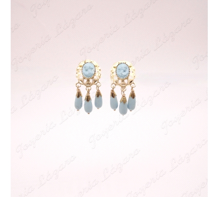 PEND. ORO 18 KTS 23MM CARITA TURQUESA +3 BOLITAS COLGANDO CIERRE CATAL