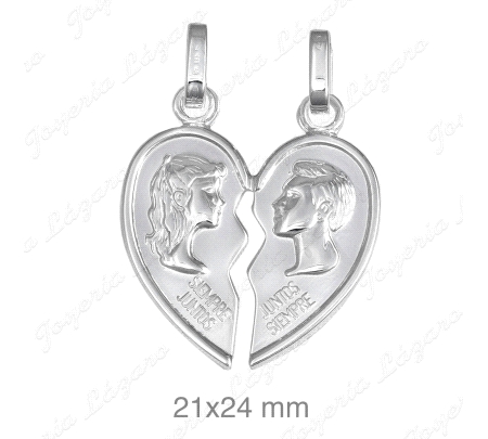 COLGANTE PLATA CORAZON PARTIDO SILUETA ROSTROS GRANDE                                               