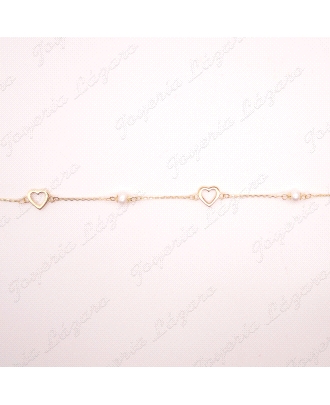 PULSERA ORO 18 KTS 2 CORAZONES CALADOS + 2 PERLAS                                                   