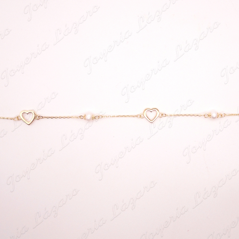 PULSERA ORO 18 KTS 2 CORAZONES CALADOS + 2 PERLAS                                                   