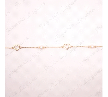 PULSERA ORO 18 KTS 2 CORAZONES CALADOS + 2 PERLAS