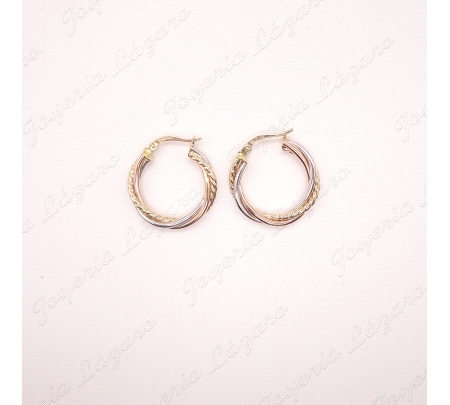 PEND. AROS ORO 18 KTS TRICOLOR 15MM INT 3 HILOS, 1 HILO RIZADO                                      