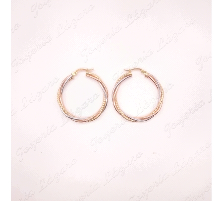 PEND. AROS ORO 18 KTS  TRICOLOR  25MM INT.3 HILOS,1 HILO RIZADO                                     