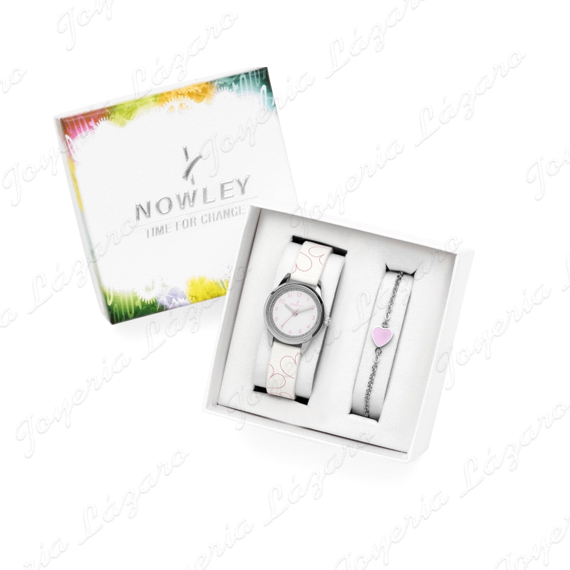 NOWLEY RELOJ INFANTIL  CHICA BLANCO+CORAZONES PACK CON PULSERA PLATA                                