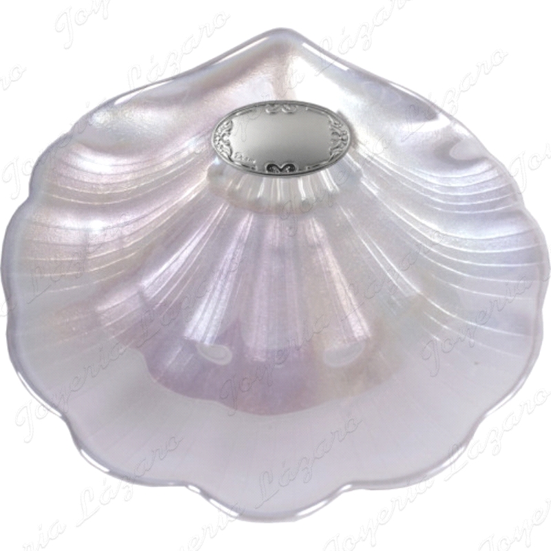 CONCHA BAUTIZO CRISTAL NACAR+ ESTUCHE APLIQUE PLATA BIL. GRECA                                      