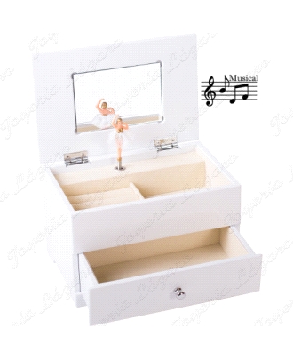 JOYERO DE MADERA BLANCO, MUSICAL BAILARINA APLIQUE PLATA                                            