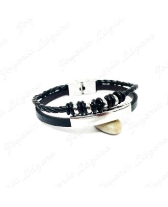 PULSERA ACERO DOBLE, NEGRA TRENZA CON BOLITAS Y AROS, PLACA LISA                                    