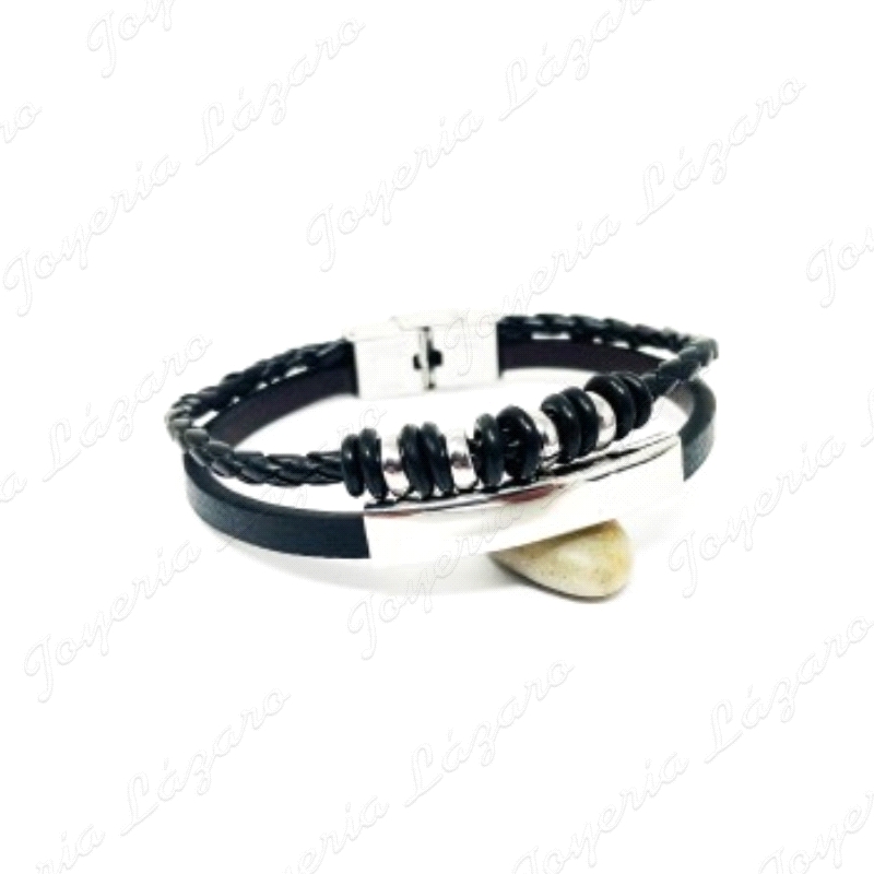 PULSERA ACERO DOBLE, NEGRA TRENZA CON BOLITAS Y AROS, PLACA LISA                                    