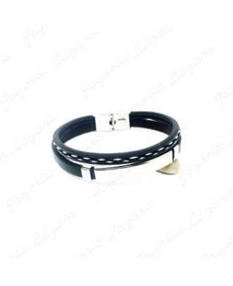 PULSERA ACERO DOBLE, CUERO NEGRO PLACA LISA                                                         