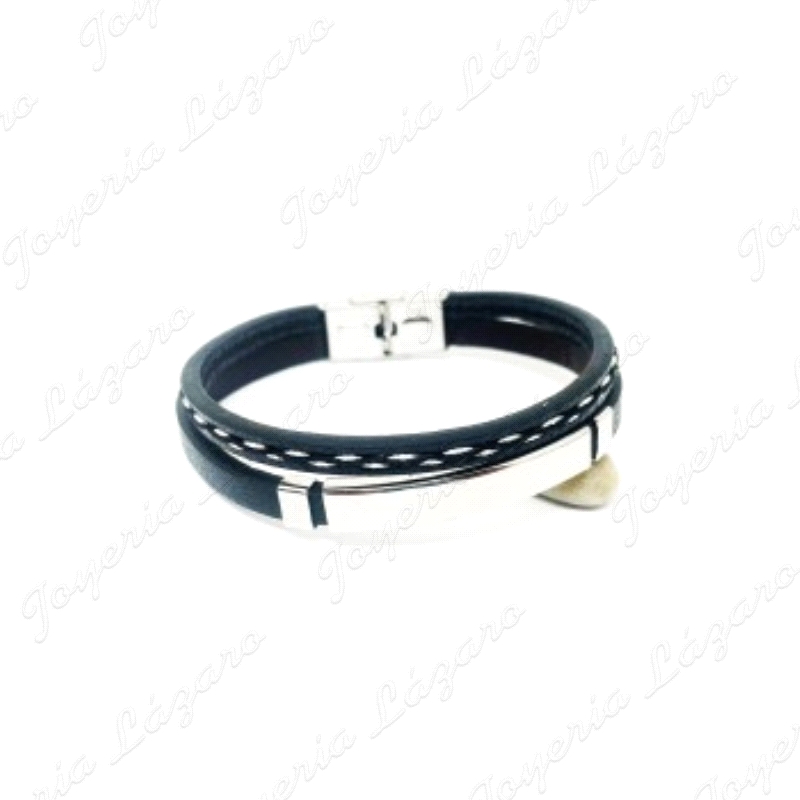 PULSERA ACERO DOBLE, CUERO NEGRO PLACA LISA                                                         