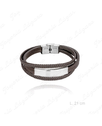 PULSERA ACERO PIEL MARRON PLACA LISA                                                                