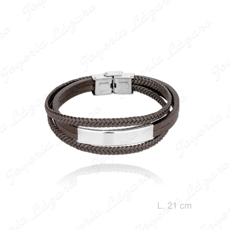 PULSERA ACERO PIEL MARRON PLACA LISA                                                                