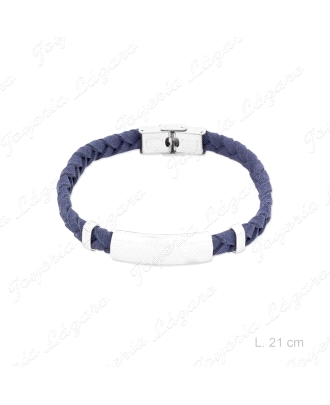 PULSERA ACERO PLACA LISA TRENZA CUERO AZUL                                                          