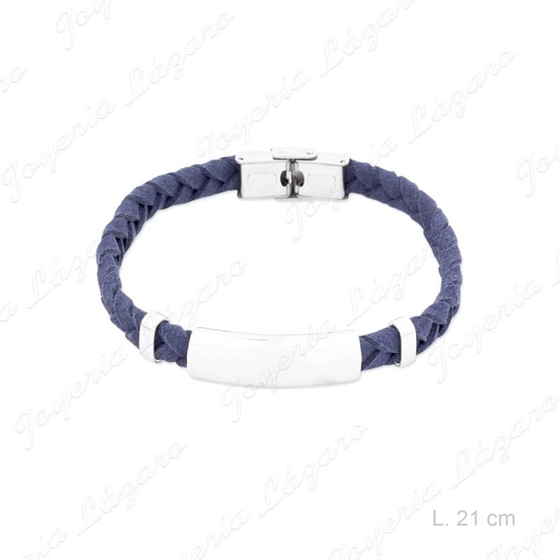 PULSERA ACERO PLACA LISA TRENZA CUERO AZUL                                                          