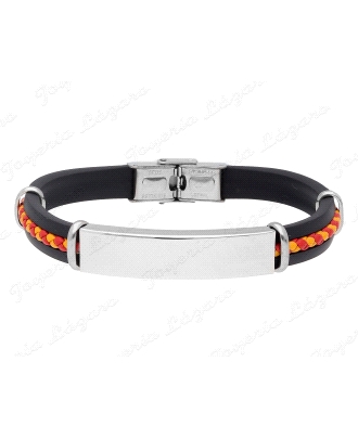 PULSERA ACERO PIEL NEGRA BANDERA ESPAÑA                                                             