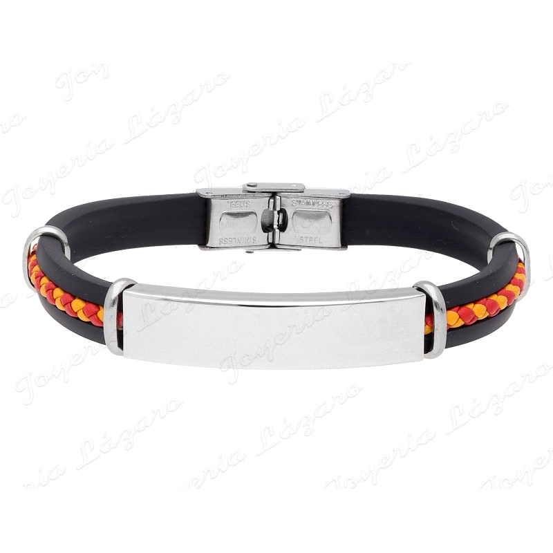 PULSERA ACERO PIEL NEGRA BANDERA ESPAÑA                                                             