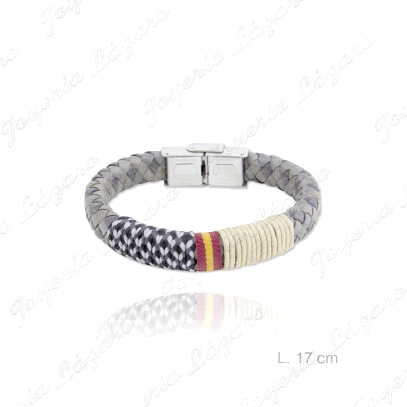 PULSERA ACERO CUERO TRENZADO GRIS+HILOS COLOR ESPAÑA                                                