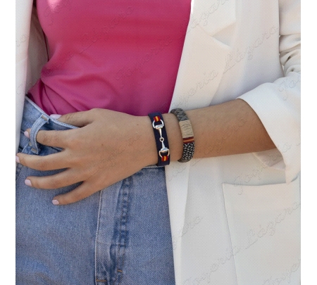 PULSERA ACERO CUERO TRENZADO GRIS+HILOS COLOR ESPAÑA