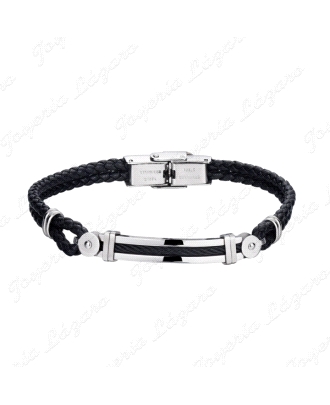 PULSERA ACERO CUERO TRENZA NEGRO HILO DOBLE                                                         