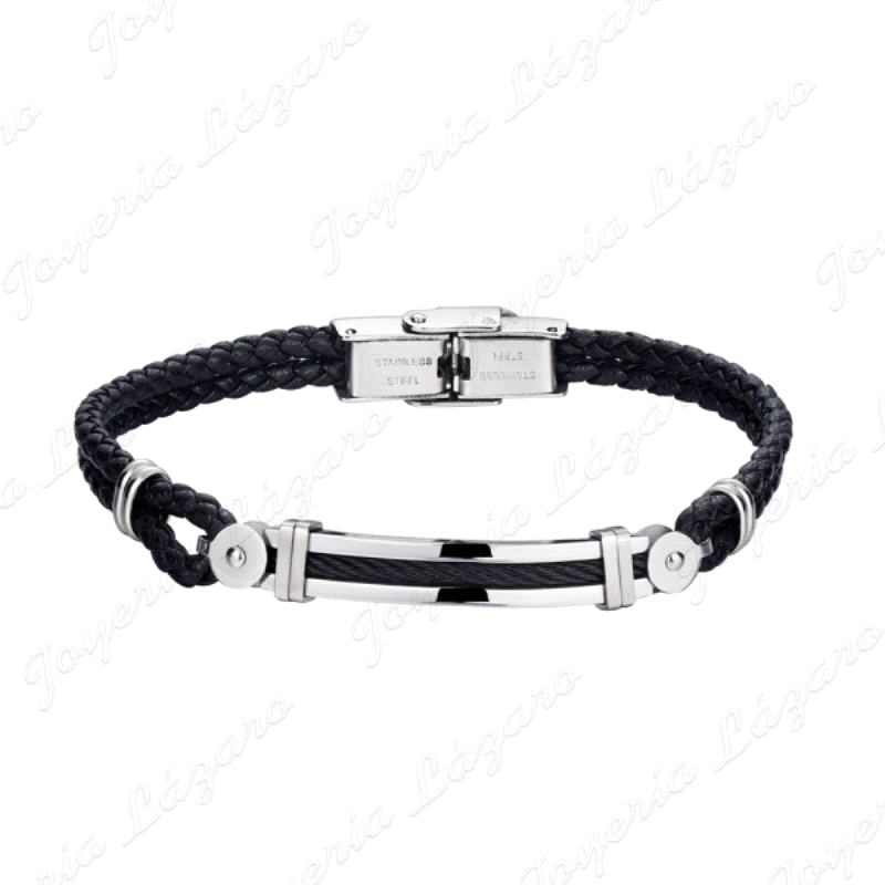 PULSERA ACERO CUERO TRENZA NEGRO HILO DOBLE                                                         