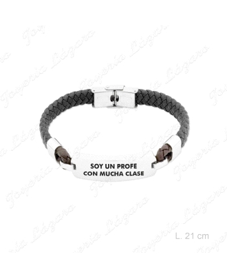 PULSERA ACERO TRENZA CUERO NEGRA, PROFE                                                             