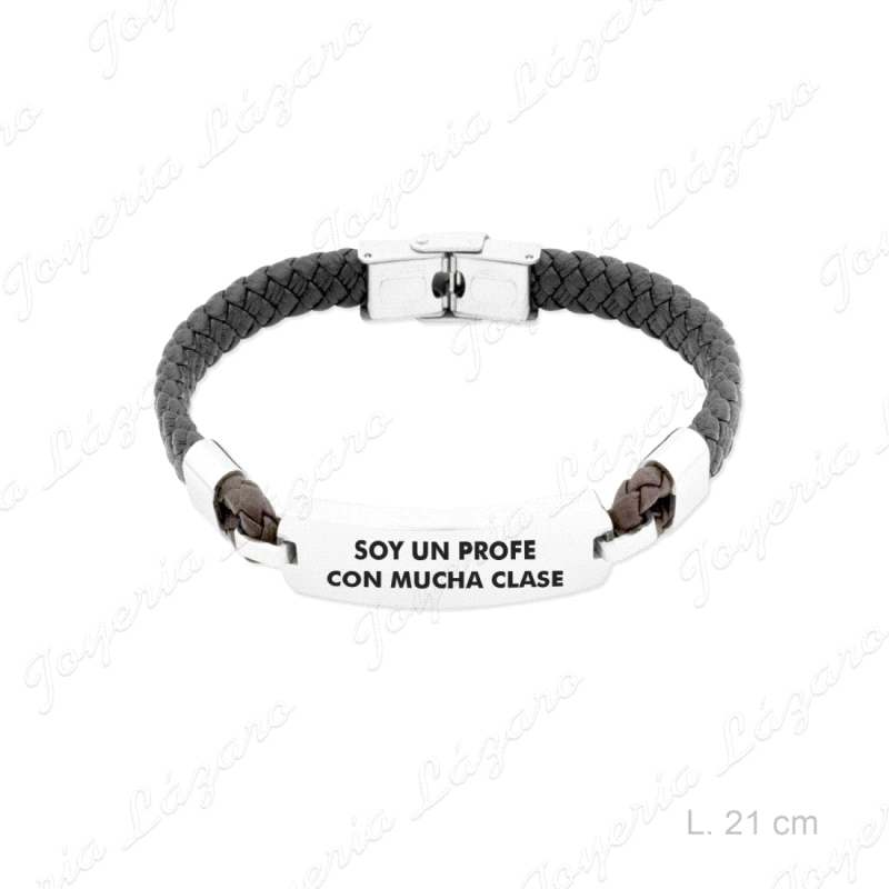 PULSERA ACERO TRENZA CUERO NEGRA, PROFE                                                             