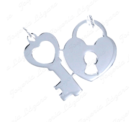 COLGANTE PLATA LISA CORAZON CANDADO CON LLAVE Y DOBLE ASA                                           